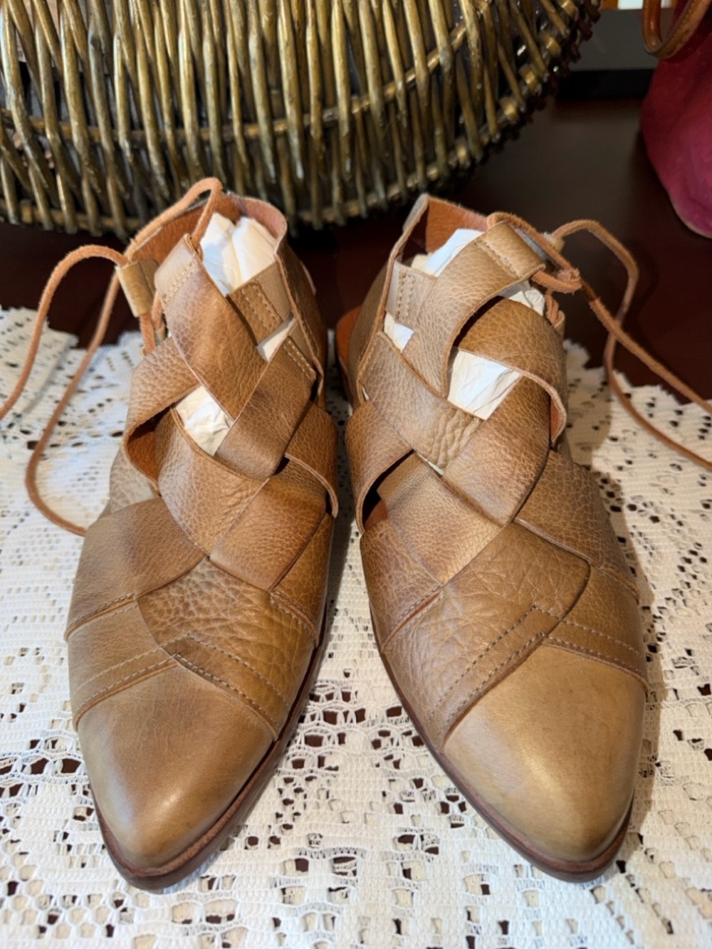 Women's Tan Leather Lace-Up Woven Flats